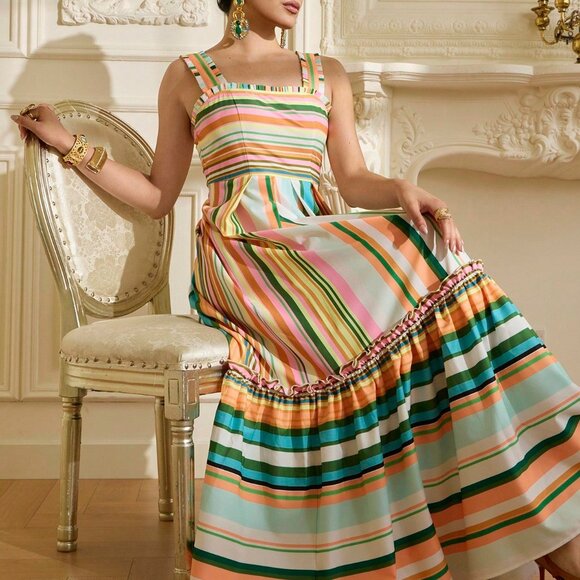 Pink Boho Women's Dress with Striped Floral Print, Square Neck, Ruched Straps - Picture 6 of 8